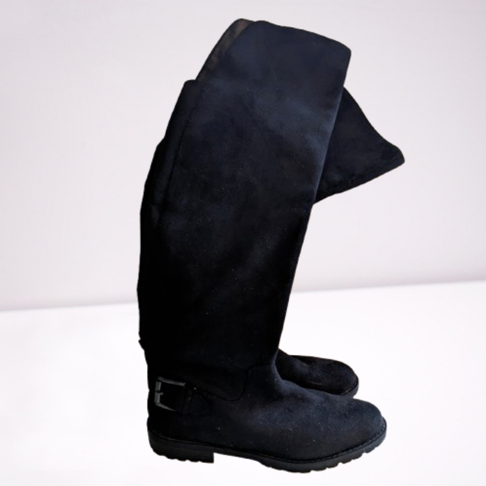 Bass Knee High Boots Faux Suede Black Lug Sole Side Zipper Elastic Back …